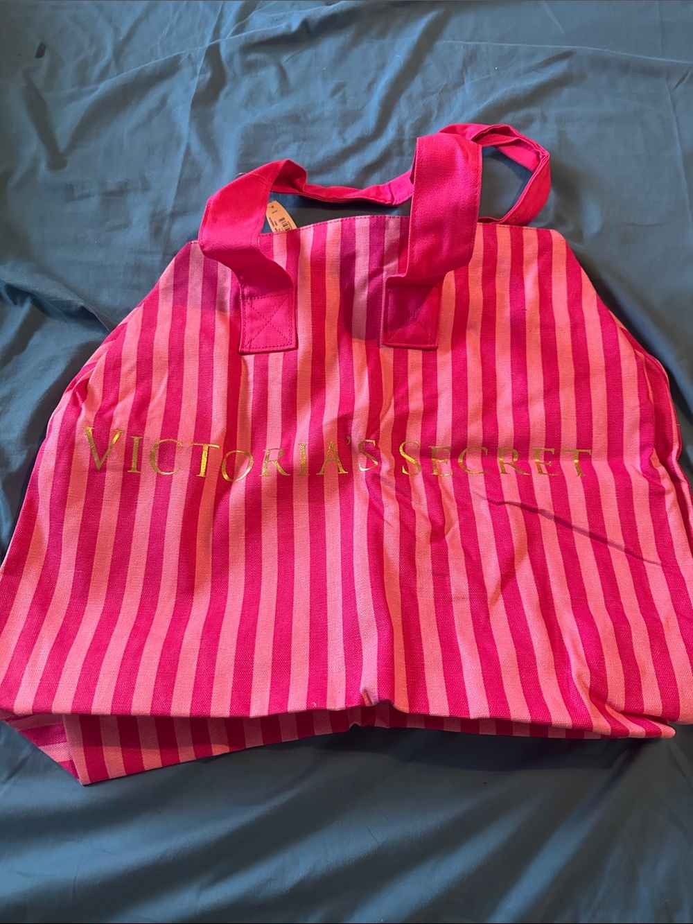 Victoria's Secret Hot Pink and Light Pink Striped Tote with Gold Logo